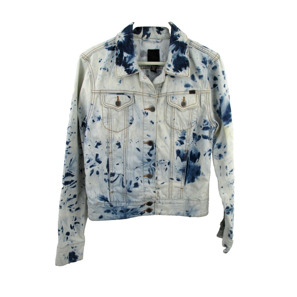 LUCKY BRAND Denim Jean Jacket Women Medium White Blue Acid Wash Marble Trucker